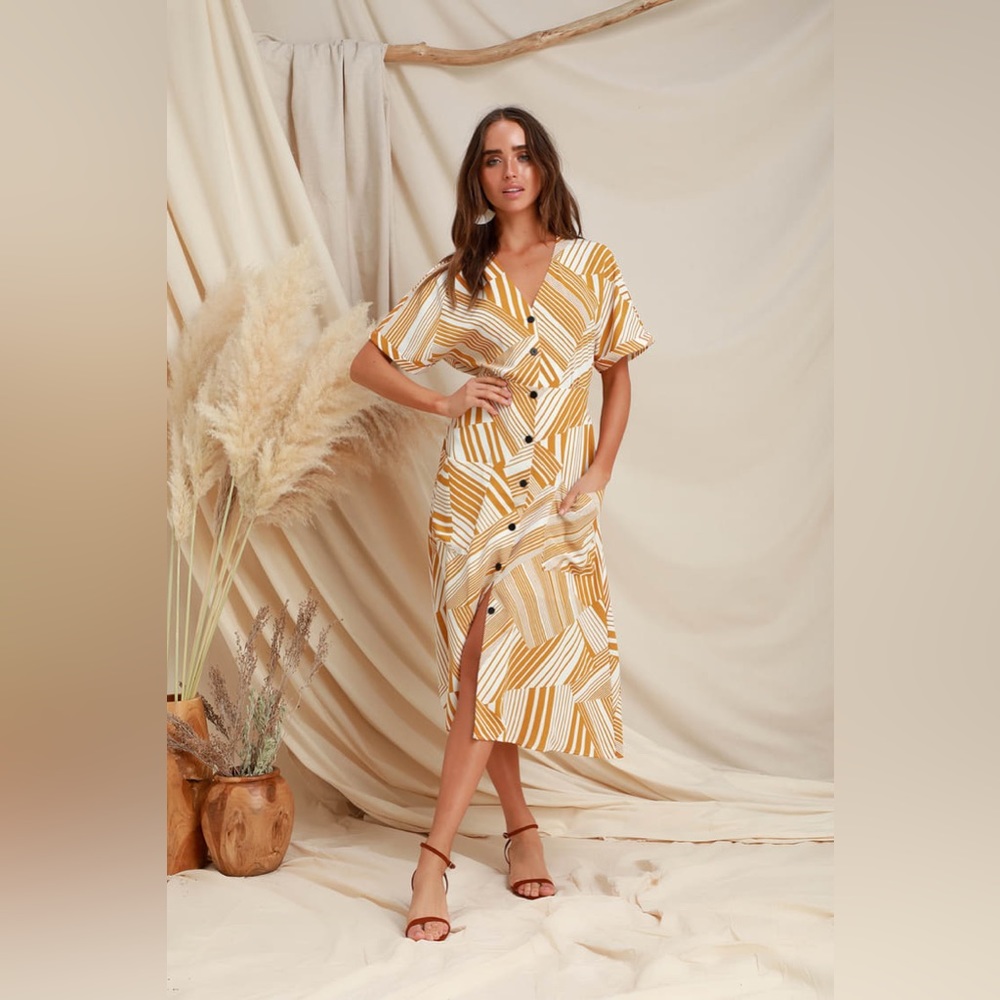 Murni Mustard Yellow Print Button-Up Midi dress